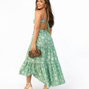 Audrey Parks Green Floral Cutout Open Tie Back Midi Dress L